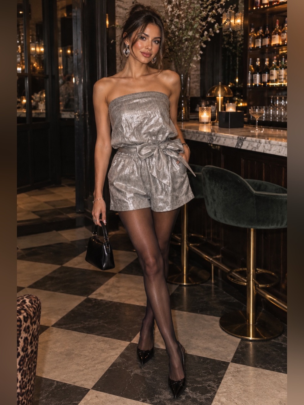 Alice + Olivia Silver Metallic Strapless Romper Party Cocktail NYE size M